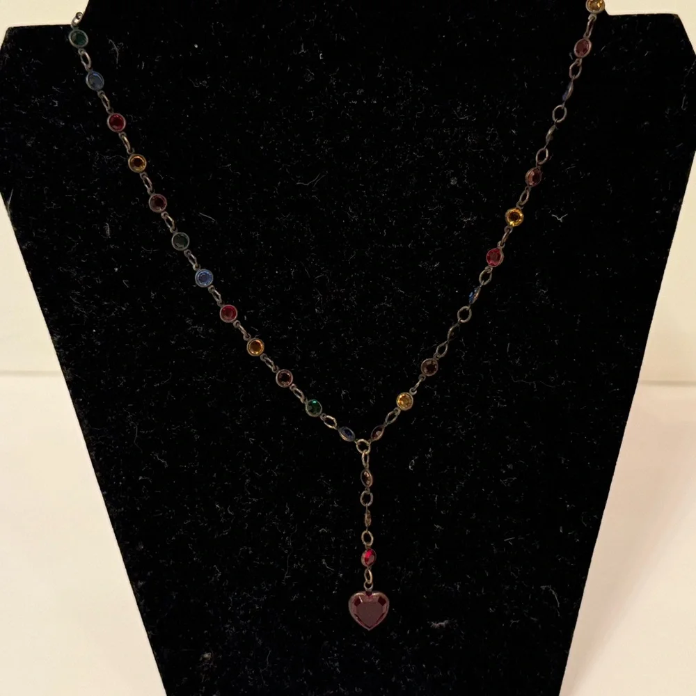 NECKLACE Y OXIDIZED BRONZE COLOR CHAIN WITH MULTI COLOR AUSTRIAN CRYSTALS USA